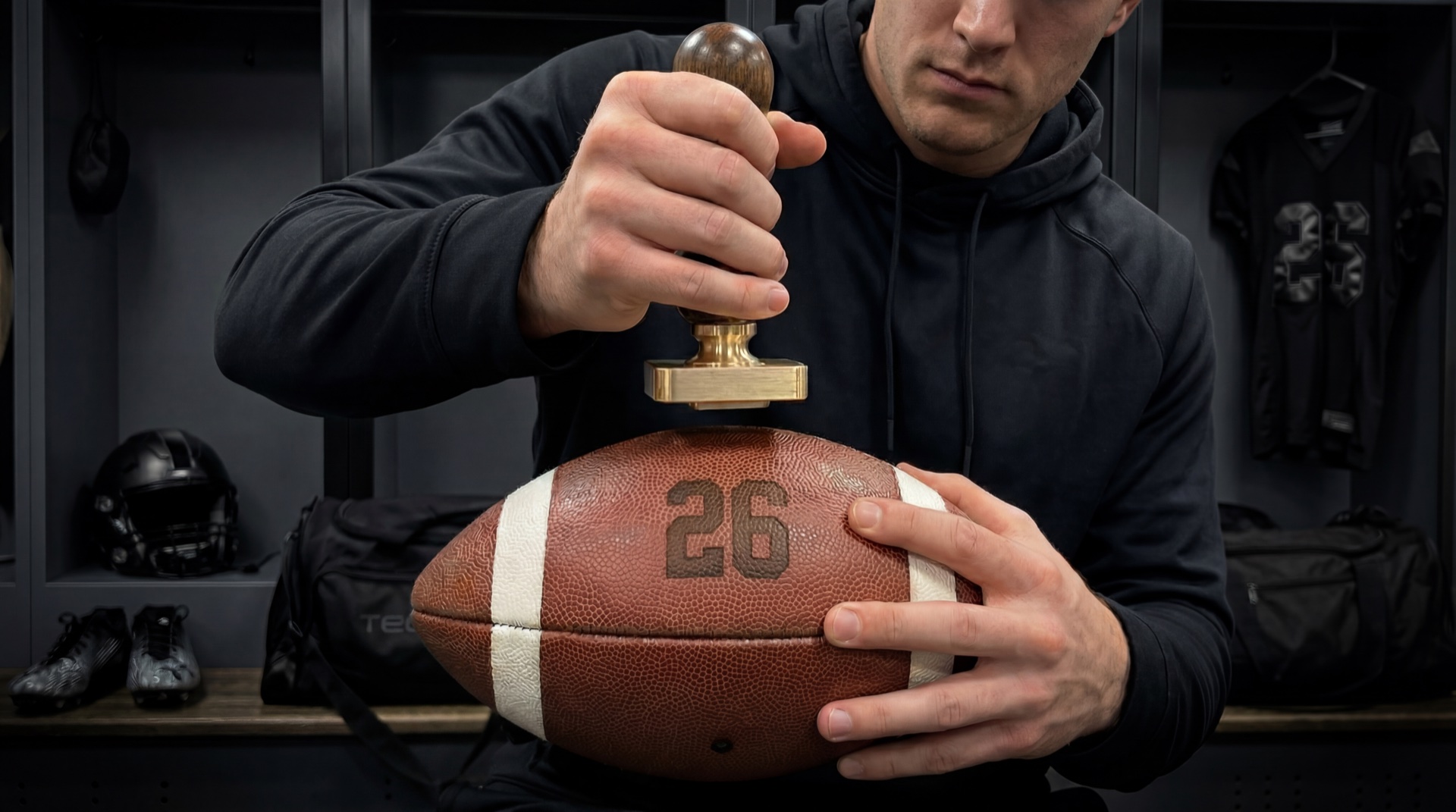 Player branding his football