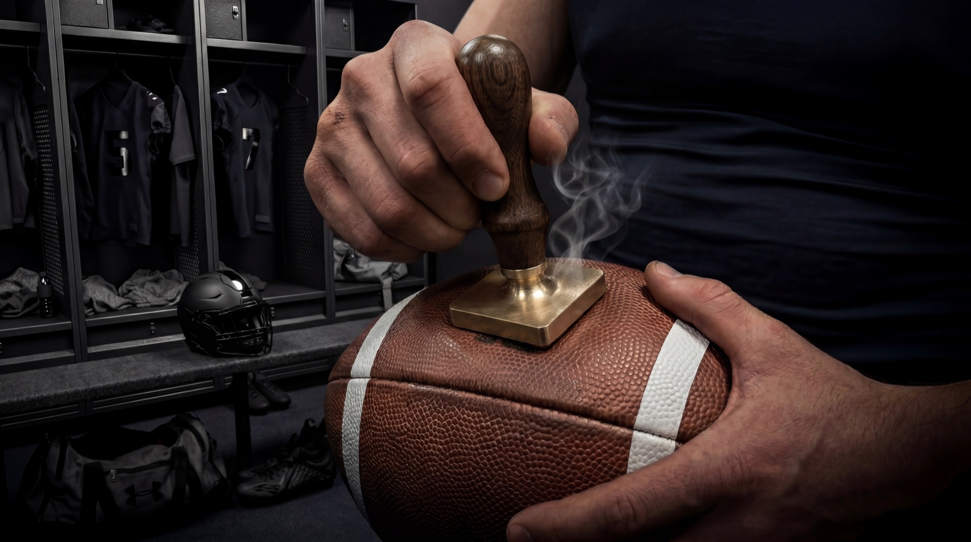 Pressing the stamp onto the football